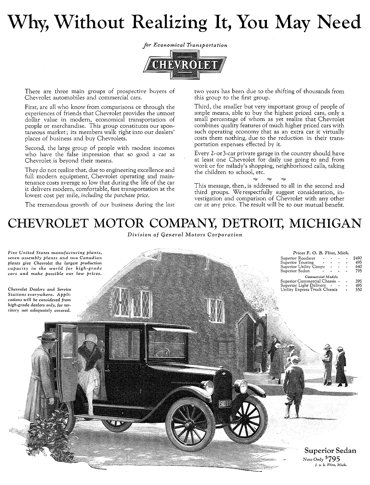 Chevrolet Superior Sedan Ad (January, 1924): Why, Without Realizing It, You May Need