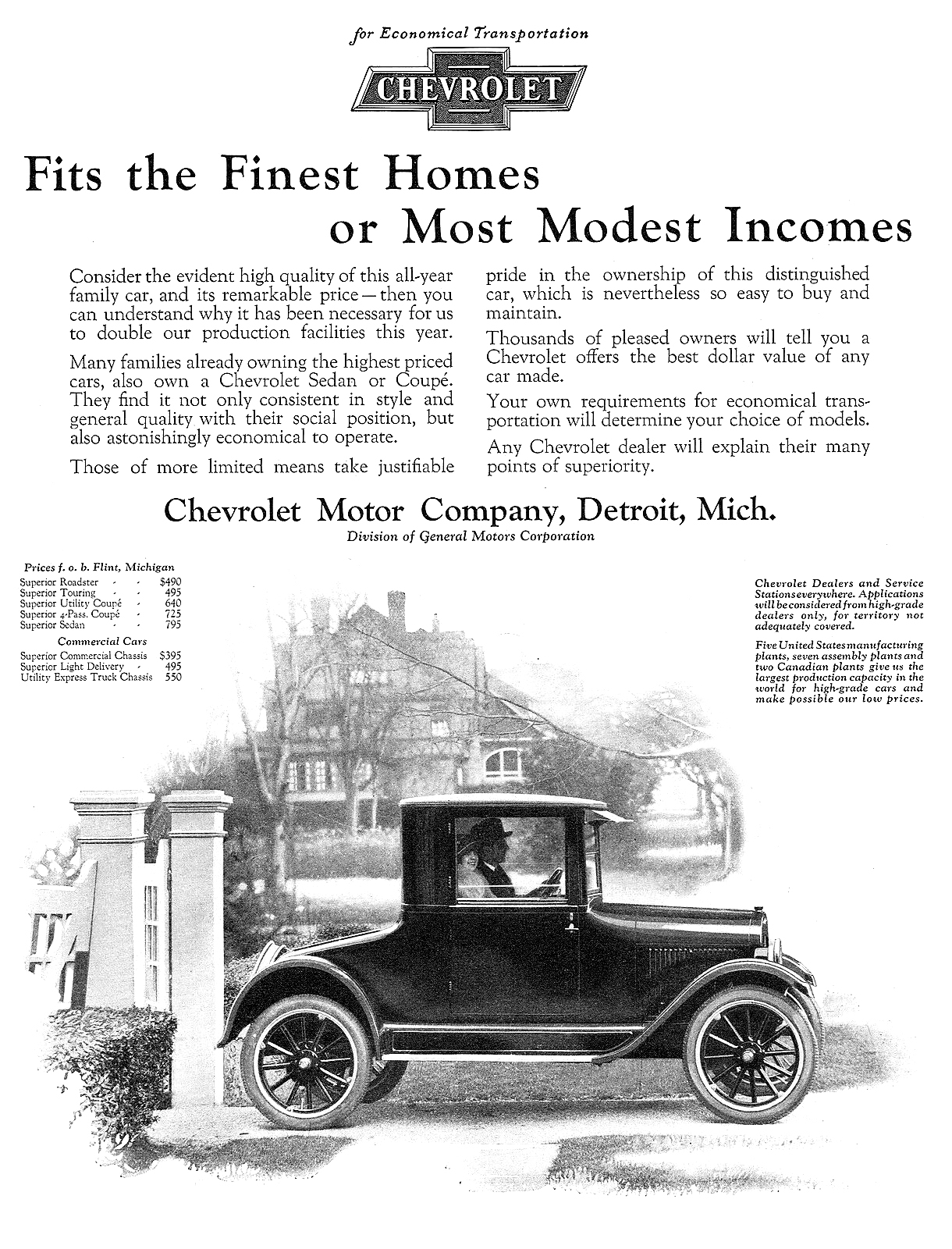 Chevrolet Superior Utility Coupé Ad (April, 1924): Fits the Finest Homes or Most Modest Incomes