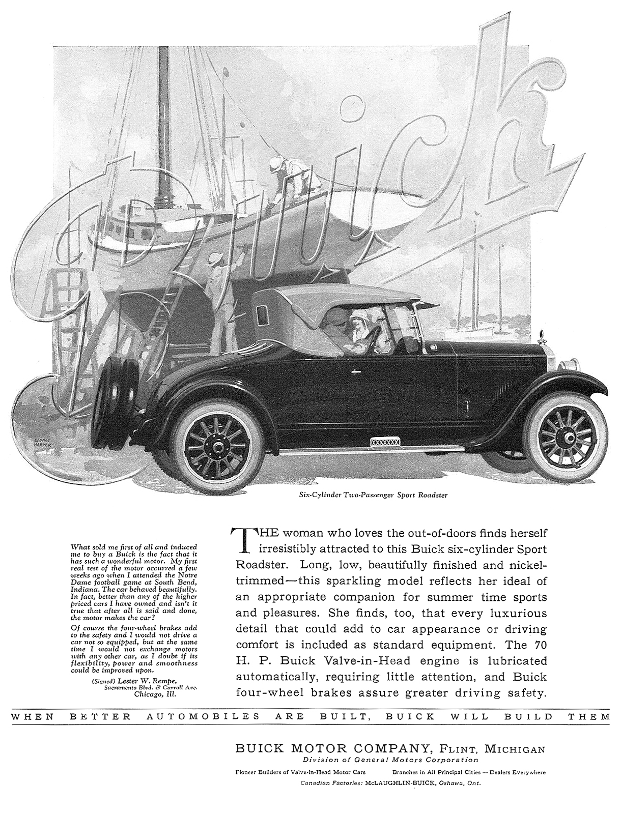 Buick Six-Cylinder Two-Passenger Roadster Ad (May, 1924) – Illustrated by George Harper