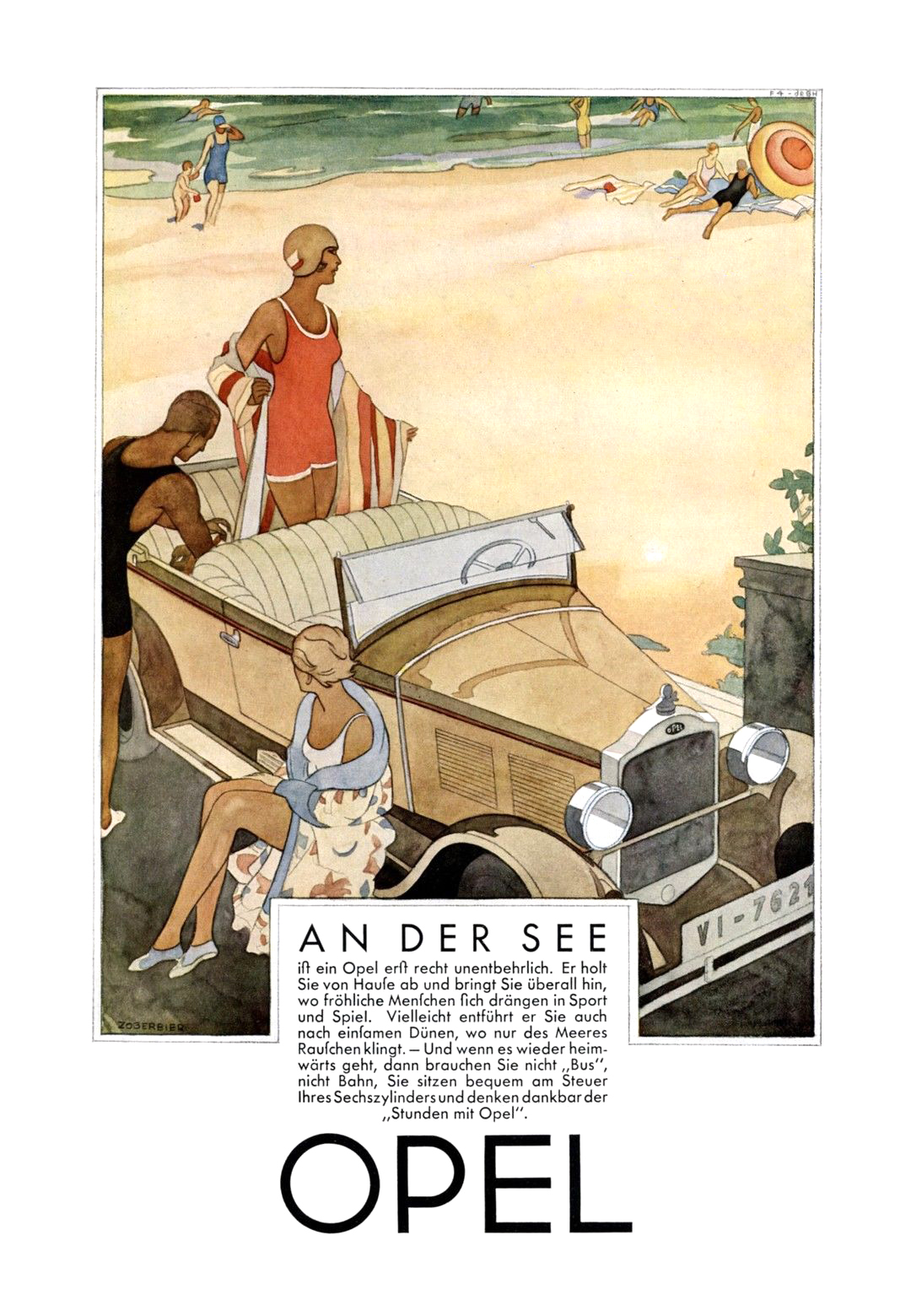 Opel Advertising Art by Ernst Zoberbier (1929): An der See / At the Sea