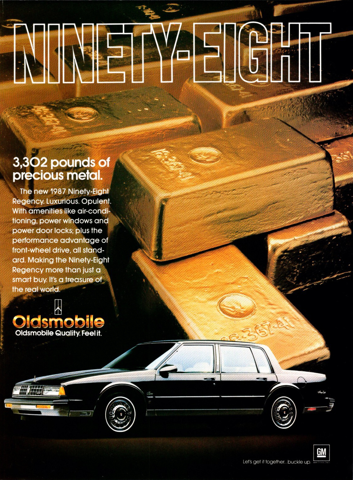 Oldsmobile Ninety-Eight Regency Ad (1987) – 3,302 pounds of precious metal.