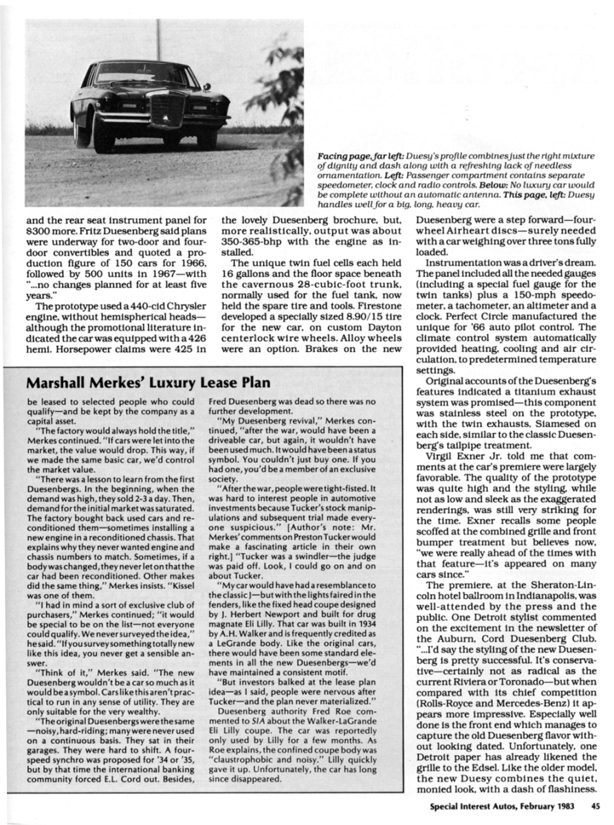 12-page driveReport by Ken Gross on the 1966 Duesenberg prototype from SIA #73 (February 1983)